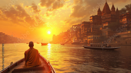 3d illustration of Ancient Varanasi city architecture at sunset with view of sadhu baba enjoying a boat ride on river Ganges. India.