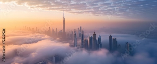 Aerial view of Dubai frame and skyline covered in dense fog during winter season