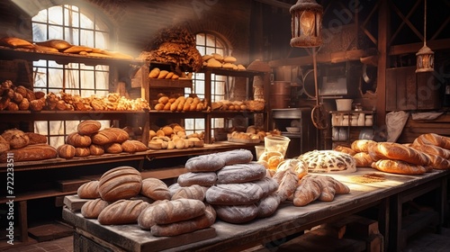 Fresh baked bread on bakery showcase, wheat products - AI generated image