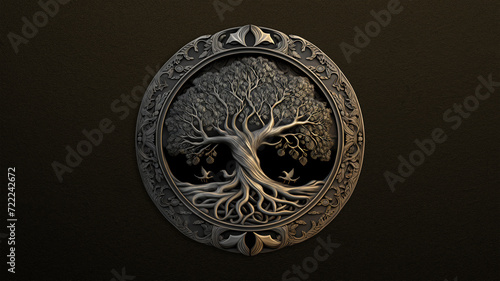 Tree of Life on brown leather background, desktop wallpaper.