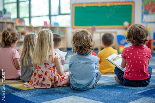 Children in kindergarten learn to read at a reading lesson