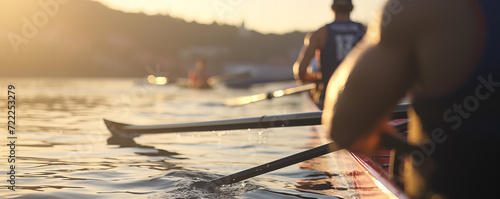 Golden Hour Rowing: Teamwork and Dedication on Tranquil Waters 