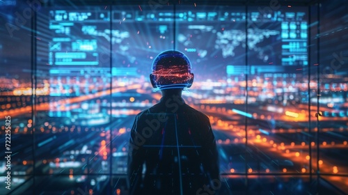 A futuristic depiction of air traffic control, featuring an air traffic controller using advanced augmented reality technology to manage air traffic in a visually immersive environ