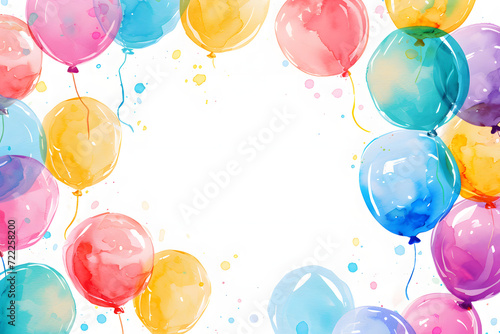 Cute cartoon colorful balloons frame border on background in watercolor style. 