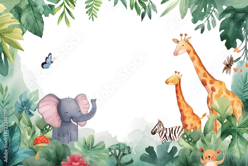 Cute cartoon safari zoo with animal frame border on background in watercolor style.