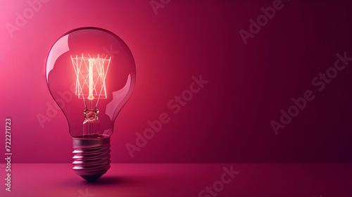 Light bulb on purple background with copy space. Glowing light bulb symbol of new idea, inspiration, innovation, solution, creativity concept. Design for banner, card, poster, ads.