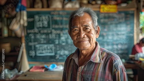 Portrait of a male Cambodian teacher in the classroom of a rural school.