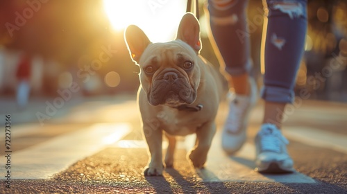 a person walks a dog french bulldog on a leash. a dog buzzes around the city, a pedestrian crossing. sunny day, summer