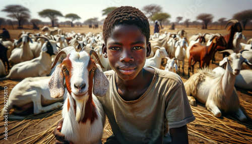 A Botswana Herd boy with one of the goats that he is taking care of.Small-stock in Botswana are mostly commonly managed in communal grazing areas, where fencing is not permitted 