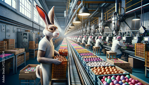 A rabbit involved in Easter egg packing in a factory line