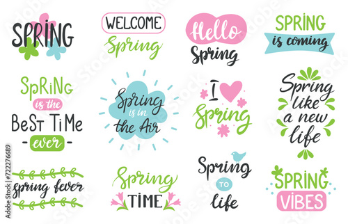 Spring lettering. Seasonal calligraphy quotes for postcards, posters and ad flyers. Handwritten phrases for prints, springtime neoteric vector set