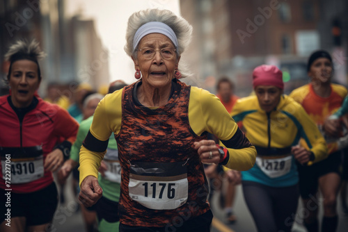 Elderly marathon contestant in vibrant attire pushes forward with tenacity and determination