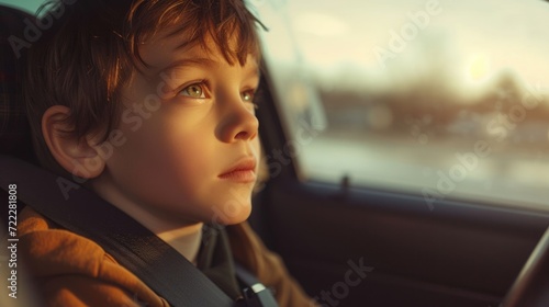Young boy wearing seatbelt looking out car window