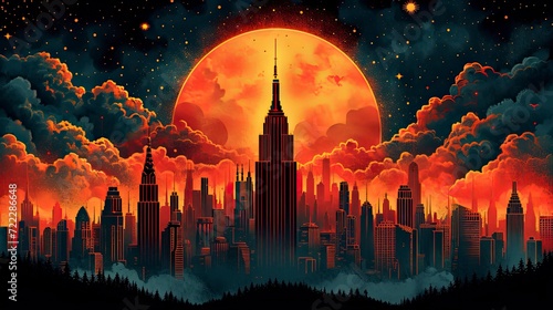 Art Deco Background. Cityscape at night with the red moon.