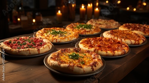Multiple pizzas with varied toppings on pans in a candlelit setting