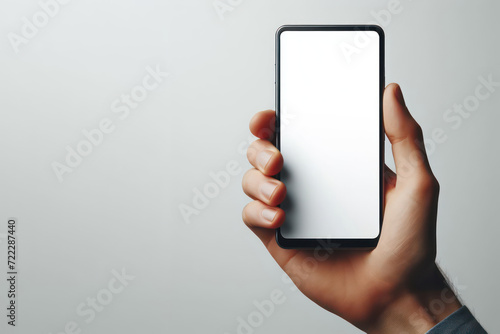 Photo of real hand holding smartphone with white screen display isolated on solid white background. ai generative
