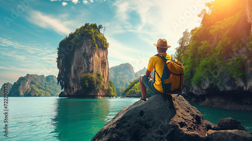 Young man traveler with backpack and hat sitting on a rock and looking at the sea in Thailand