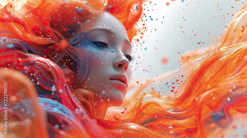 3D surreal illustration, woman with wavy orange hair is drowning. decorated with small air bubbles.