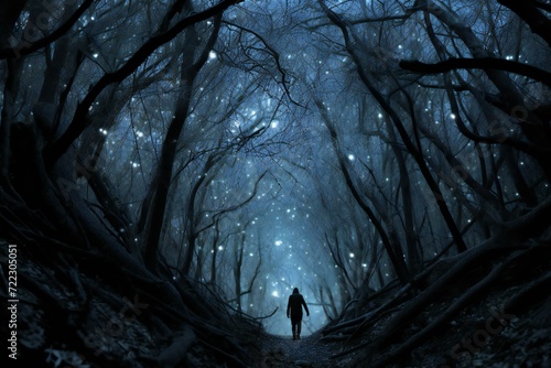 Mysterious dark forest with a man in the middle of the path