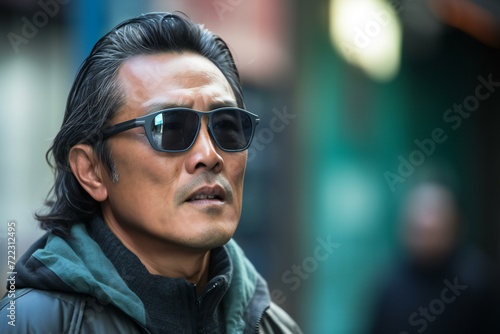 Portrait of a handsome asian man with sunglasses in the city
