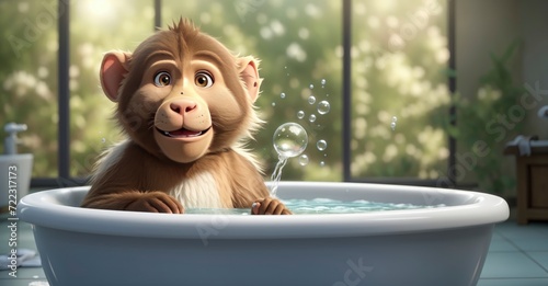 Playful primate Adorable 3D baboon taking a bubble bath in modern tub