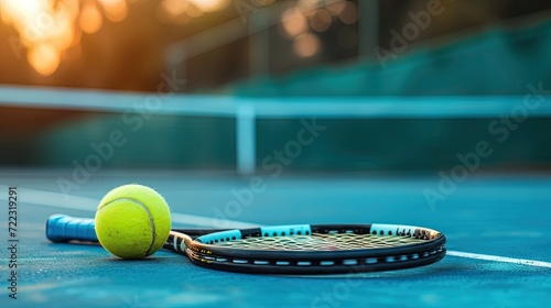 tennis ball and tennis racket on tennis court