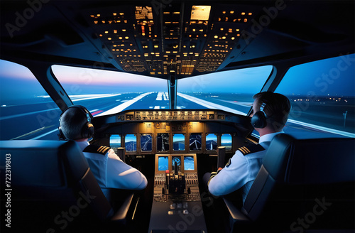 Flight Deck of modern plane.The pilots (cockpit crew) of aircraft prepares for landing at the airport. The view from the passenger aircraft cockpit. Pilots at work