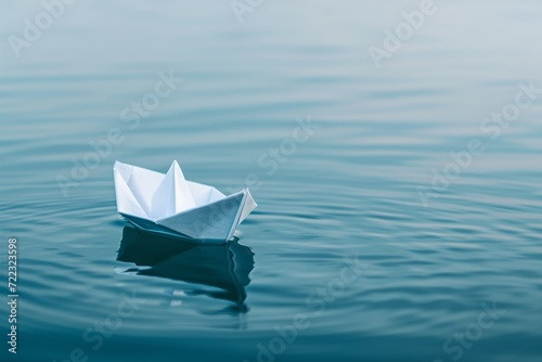 A solitary paper boat glides peacefully on the calm waters of a serene lake, its delicate form a symbol of freedom and simplicity amidst the vastness of the great outdoors