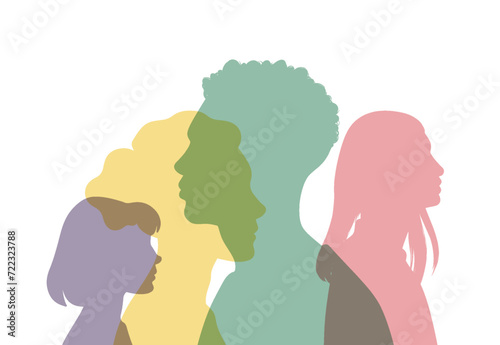 Group diversity silhouette multiethnic people from the side. Community of colleagues or collaborators. Concept of bargain agreement or pact. Collaborate. Co-workers. Harmony. Organization