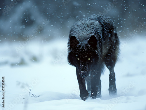 Black wolf in snow