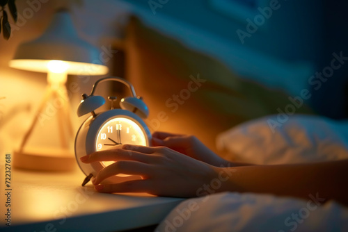 view of female hands holding or turning off an alarm clock on the nightstand