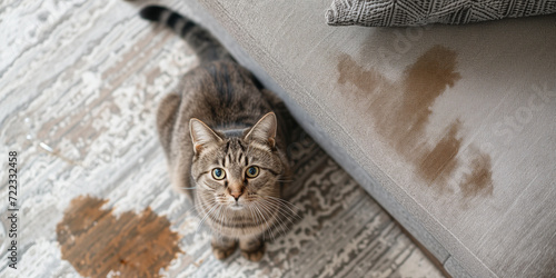 Katze hat auf die Couch gepinkelt und sitzt daneben