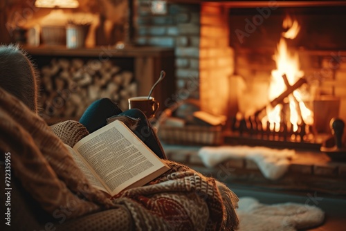 Reading a book in a cozy armchair by the fireplace. relaxing while reading
