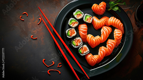 Heart shaped Valentine day sushi set. Classic sushi rolls, philadelphia, maki set for two, with two pairs of chopsticks for Valentine's dating dinne