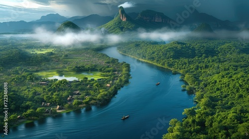 A large river like the Amazon flows in the plain The valley basin and plain are covered with forest. Generative AI.
