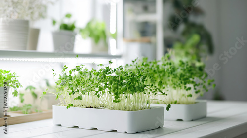 Fresh microgreens growing in planter, illuminated by a grow light