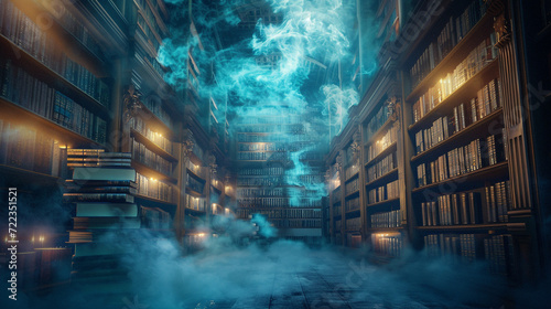 A grand, magical library acting as a portal to mystical worlds, with shelves of glowing books and a misty ambiance Perfect for an educational app promotion, symbolizing the adventure and wonder