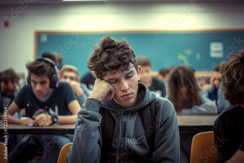 Depressed, bullied teenage boy in class feeling despair and sadness.