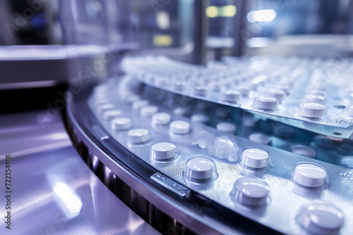 High-tech pharmaceutical machinery producing an array of pills and capsules, emphasizing precision in healthcare manufacturing.