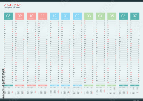 2024 - 2025 mid year wall planner. Academic year. Organizer, yearly planner template.