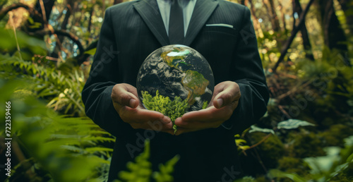 Ein Geschäftsmann steht in der Natur und hält eine Weltkugel in den Händen. Bezug: ESG - Environmental, Social and Governance, Regelwerk zur Bewertung für nachhaltige, ethische Praxis in Unternehmen.