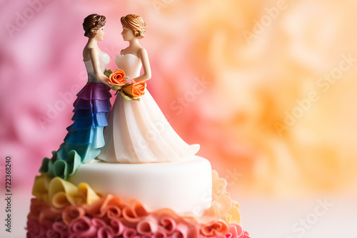 Wedding cake topper with two brides, figurines of a lesbian couple. Gay marriage concept. Lesbian couple wedding day, same-sex gay marriage, wedding sweets and decorations.