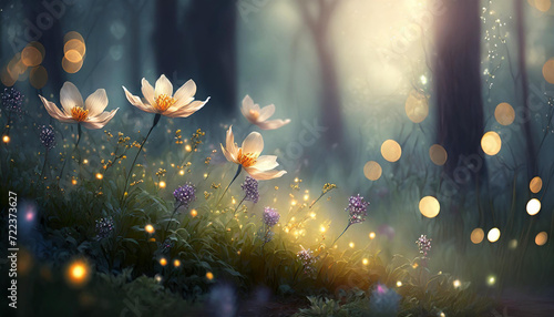 Las fantazy, ze światłami i kwiatami, dekoracja generative ai