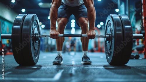 A male athlete lifts a heavy barbell. Blurred gym in the background