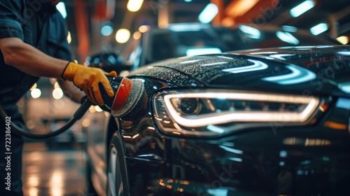 Car detailing hands with orbital polisher in car repair shop