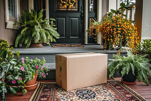 Cardboard package delivered near front door online shopping delivery service concept