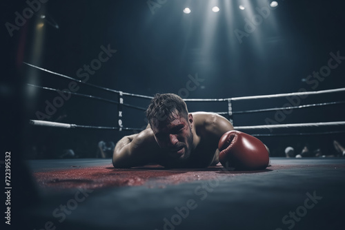 Defeated male boxer sitting on mat in ring, reflecting on loss