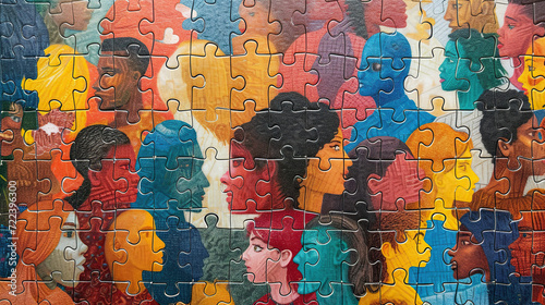  Multi colored puzzle faces with different people showing Diversity and inclusion, equity and belonging