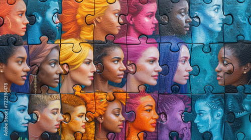  Multi colored puzzle faces with different people showing Diversity and inclusion, equity and belonging