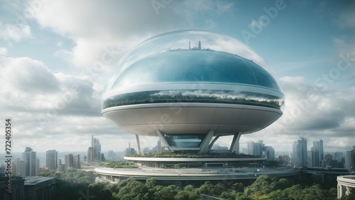Transport yourself to a visionary landscape with this striking image, depicting a city of the future nestled under a vast, transparent dome. The urban expanse, intricately designed and illuminated, sp
